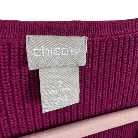 Chico's Cotton Blend Magenta Ribbed Knit 3/4 Sleeve V-Neck Pullover Sweater Sz L - Picture 4 of 5